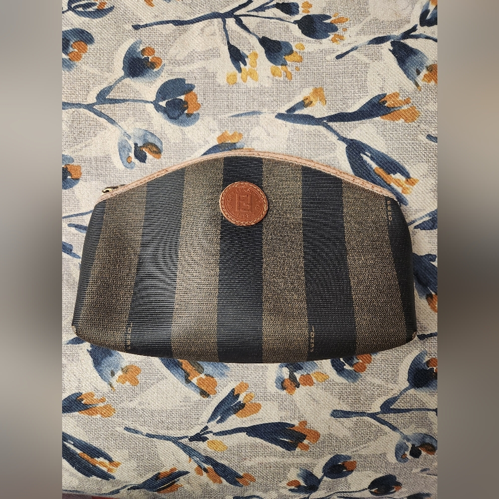 Fendi Pecan Pouch Large Striped Pattern PVC Vintage Brown